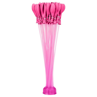A set of pink water balloons, pre-attached to a filling device, allowing for quick and easy inflation. The design enables multiple balloons to be filled simultaneously and is ideal for water activities.