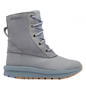 Columbia Moritza Boots are insulated, waterproof winter boots with a light gray color, featuring a high-top design, lace-up closure, and durable rubber sole for traction.