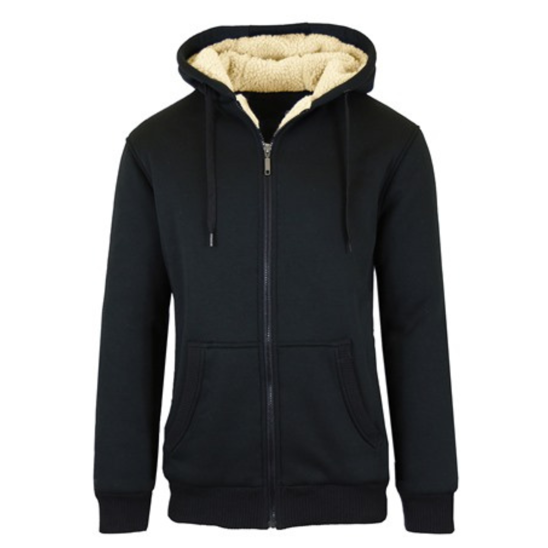 Black zip-up hoodie with a drawstring hood and beige sherpa lining, featuring front pockets and ribbed cuffs and hem.