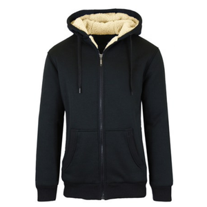 Black zip-up hoodie with a drawstring hood and beige sherpa lining, featuring front pockets and ribbed cuffs and hem.