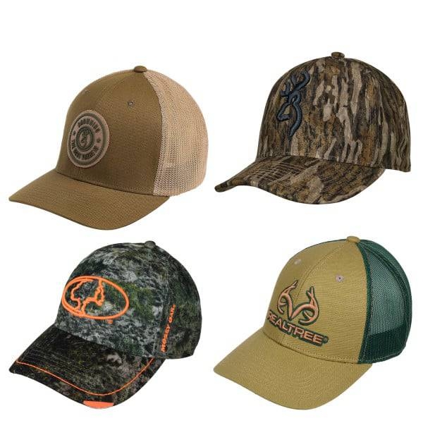 Four baseball caps featuring various camouflage patterns and outdoor-themed logos, including designs with mesh back panels and branding such as Browning and Realtree.