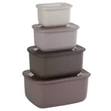 A stack of four nested food storage containers in varying shades of beige and brown with matching lids, designed for space-efficient storage.
