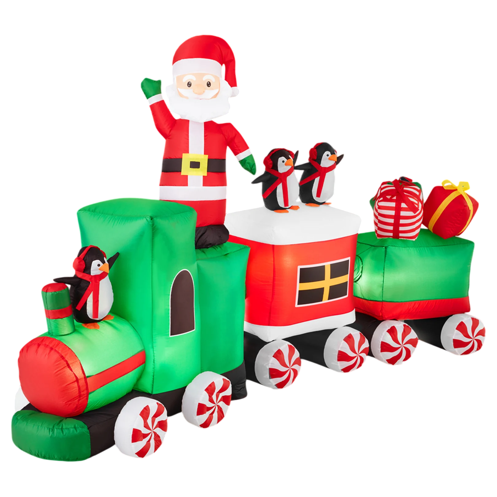 Inflatable Christmas decoration featuring Santa Claus and penguins on a festive train with gift-wrapped presents, displayed in a decorated yard with holiday lights.