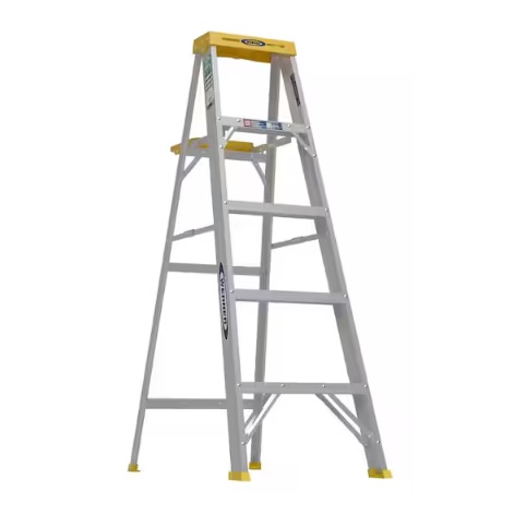 Werner 5-foot step ladder with a yellow top, non-conductive fiberglass frame, and slip-resistant steps and feet, suitable for household or professional use.