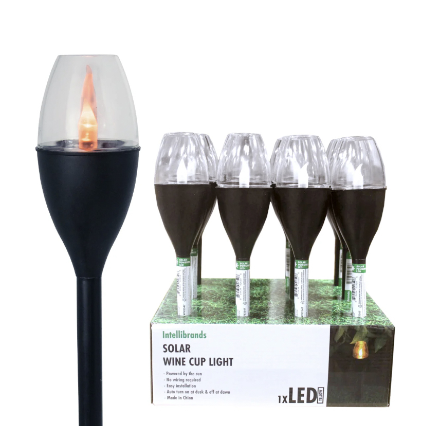 12-pack of IntelliBrands Solar Wine Cup Lights; solar-powered LED pathway lights shaped like wine cups, requiring no wiring with automatic on/off at dusk and dawn.