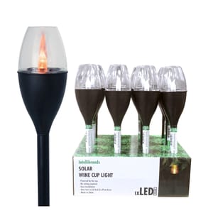 12-pack of IntelliBrands Solar Wine Cup Lights; solar-powered LED pathway lights shaped like wine cups, requiring no wiring with automatic on/off at dusk and dawn.