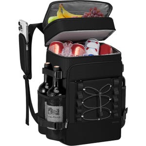 A black insulated cooler backpack with compartments for storing various items, including canned drinks, wine bottles, bananas, and grapes. It features side pockets, a phone holder, and a front bungee cord section for additional storage.