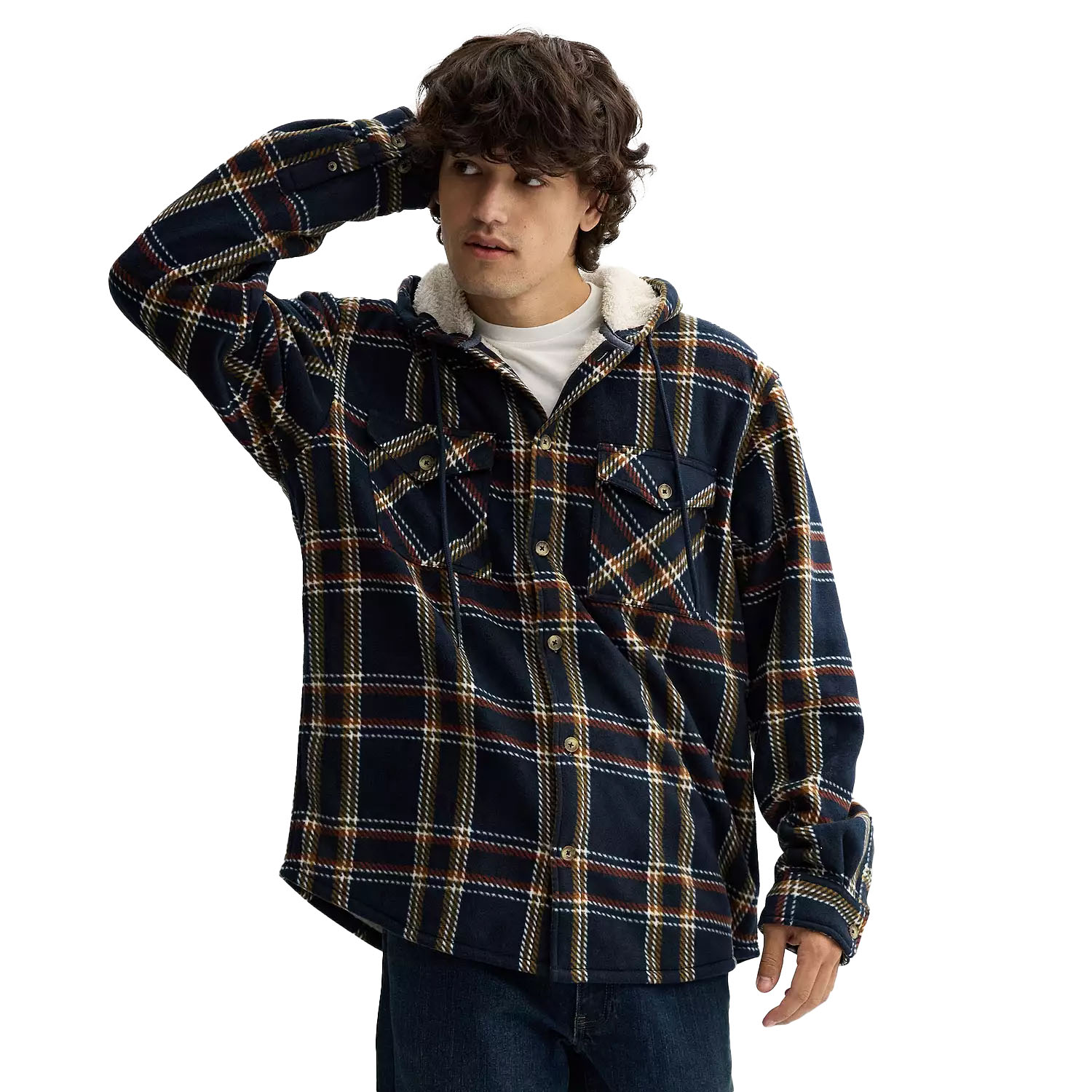 A plaid hooded shacket with sherpa lining, featuring chest pockets and button closures. The piece combines navy blue with traces of yellow, white, and red in the pattern.