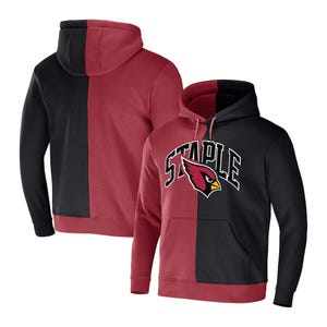 A two-tone hoodie featuring red and black colors with a front graphic of a cardinal logo and \“STAPLE\“ text. The design includes a drawstring hood and a front pouch pocket.