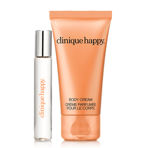 Clinique Happy Fragrance Set includes a roll-on perfume and a body cream. The perfume is in a clear tube with a silver cap, while the orange tube of body cream is labeled \“Body Cream Crème Parfumée Pour Le Corps.\“