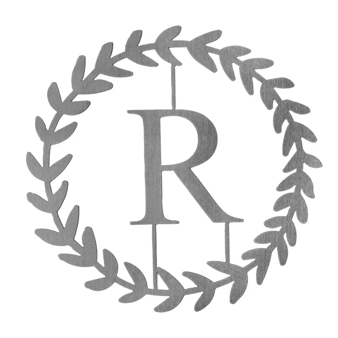 Monogram letter \“R\“ surrounded by a circular laurel wreath design, made of brushed metal.