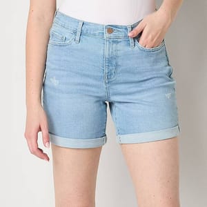 A pair of light blue denim shorts with a rolled-up hem and slight distressing.