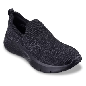 A single black slip-on sneaker with a knit upper and rubber sole.