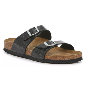 Black two-strap sandal with white speckles, featuring adjustable silver buckles and a cork footbed.