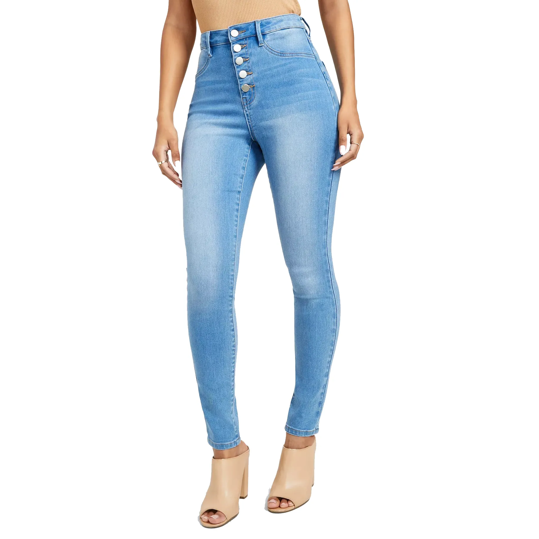Light blue high-waisted skinny jeans with button fly, paired with tan, open-toe, block-heeled sandals.