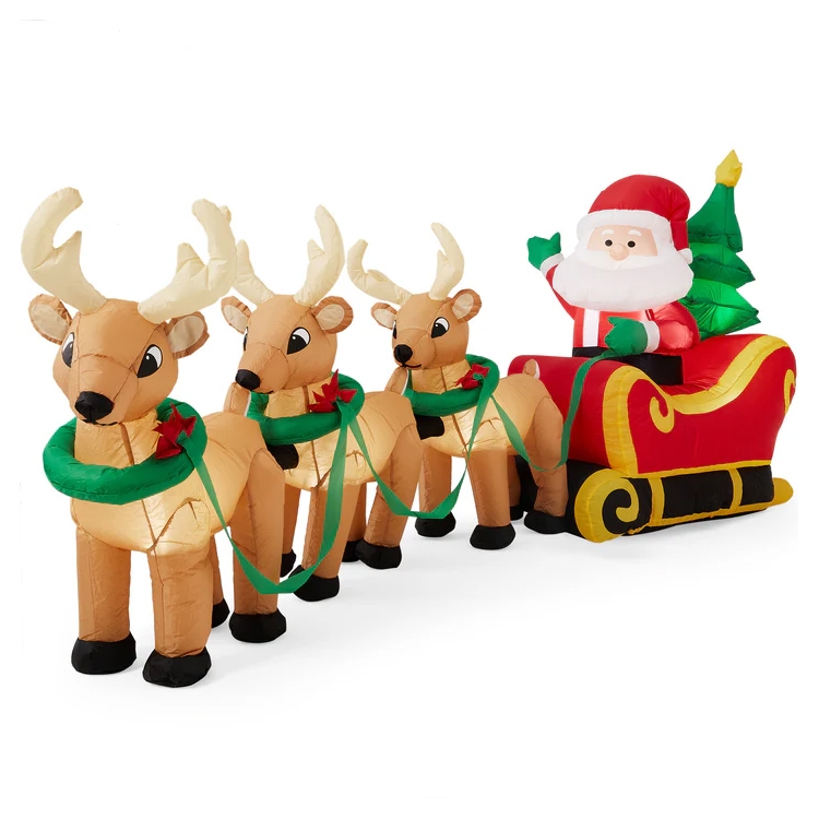 A 9-foot inflatable decoration featuring Santa Claus in a red sleigh with three brown reindeer, each adorned with a green scarf and attached by green reins.