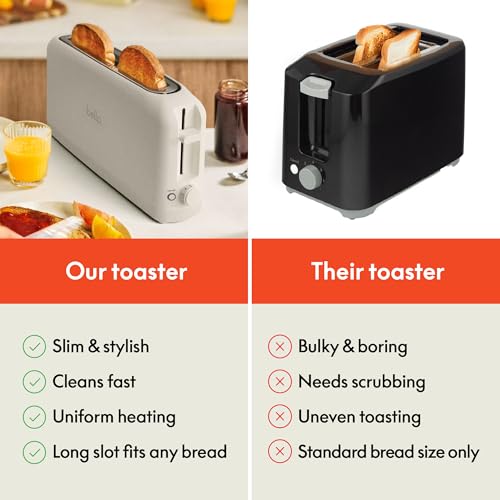Comparison of two toasters: one is slim and sleek with features like easy cleaning and uniform heating; the other is bulky with issues like needing scrubbing and uneven toasting.