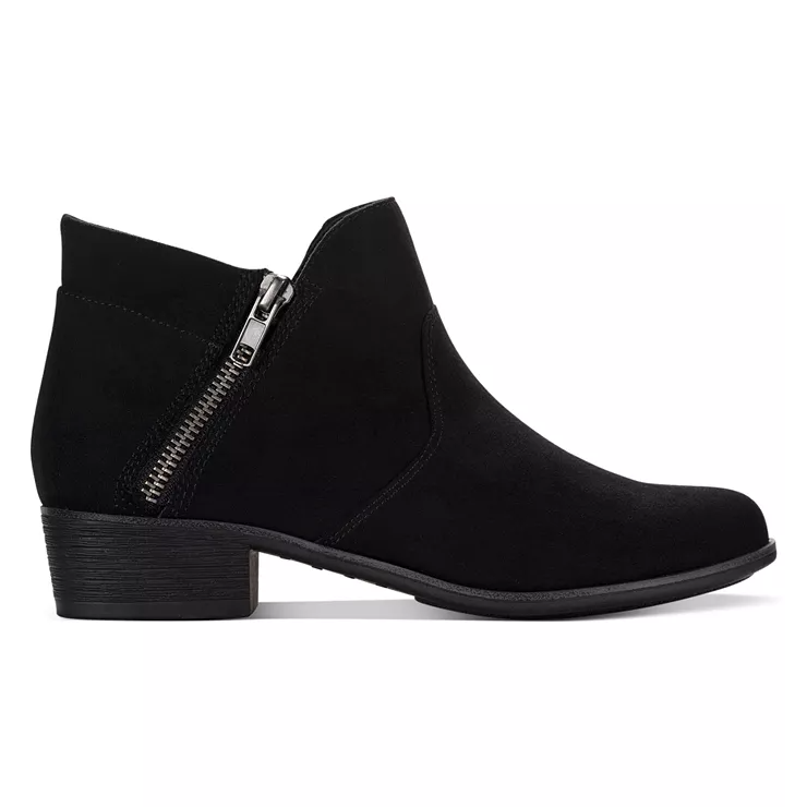 Black ankle boot with a side zipper and a low chunky heel.