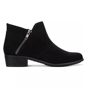 Black ankle boot with a side zipper and a low chunky heel.