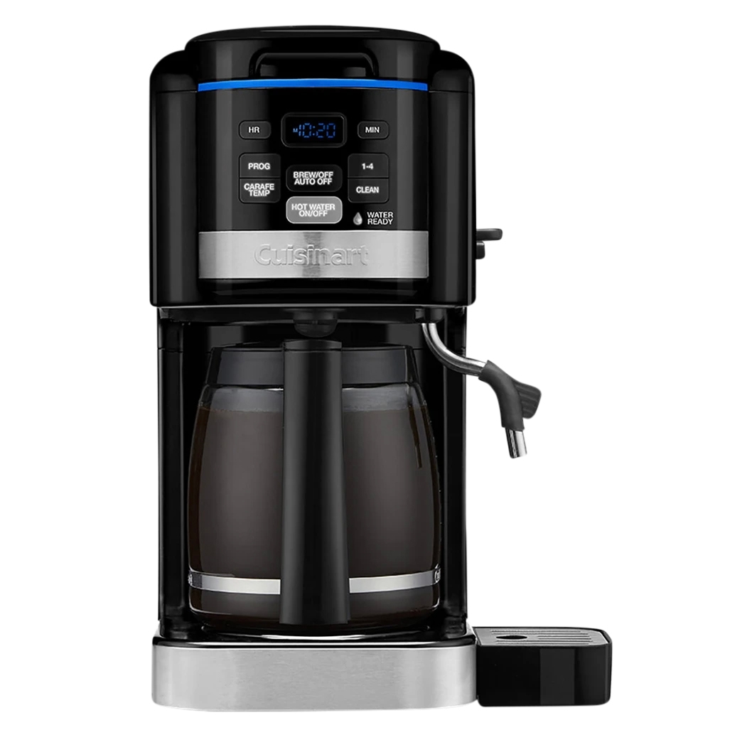 Cuisinart coffee maker with a digital display, control buttons, and a glass carafe. Includes a built-in hot water dispenser.