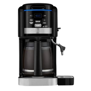 Cuisinart coffee maker with a digital display, control buttons, and a glass carafe. Includes a built-in hot water dispenser.