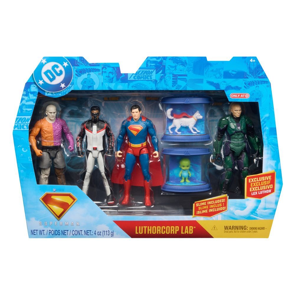 DC action figure set featuring Superman, villains, and lab containers with a small dog and alien figure. Includes exclusive Lex Luthor figure.