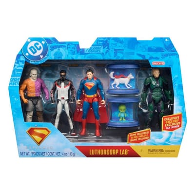 DC action figure set featuring Superman, villains, and lab containers with a small dog and alien figure. Includes exclusive Lex Luthor figure.