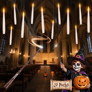 Floating LED candles with warm white lights create a magical atmosphere, controlled by a wand remote. A child in a witch costume holding a jack-o'-lantern basket is also featured, suggesting a Halloween theme.