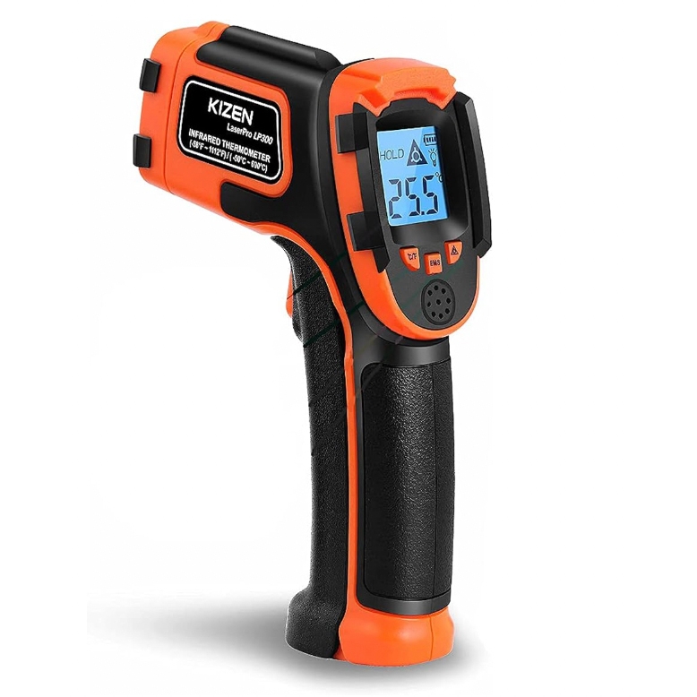 An infrared thermometer with an ergonomic black and orange design, featuring a digital display showing 35.7°C. It's used for non-contact temperature measurement, suitable for various surfaces.