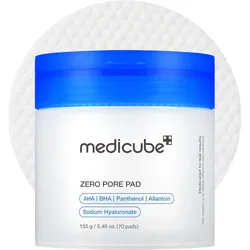 Medicube Zero Pore Pad 2.0 are exfoliating pads designed to minimize pores, containing AHA, BHA, panthenol, allantoin, and sodium hyaluronate. Available as 70 pads, 155g (5.46 oz).