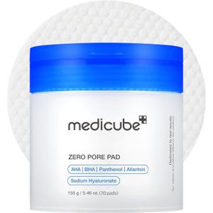 Medicube Zero Pore Pad 2.0 are exfoliating pads designed to minimize pores, containing AHA, BHA, panthenol, allantoin, and sodium hyaluronate. Available as 70 pads, 155g (5.46 oz).
