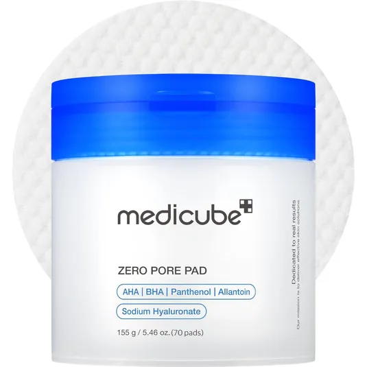 Medicube Zero Pore Pad 2.0 are exfoliating pads designed to minimize pores, containing AHA, BHA, panthenol, allantoin, and sodium hyaluronate. Available as 70 pads, 155g (5.46 oz).