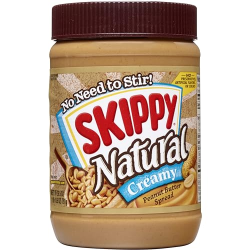 Skippy Natural Creamy Peanut Butter Spread, no need to stir, with no preservatives, artificial flavors, or colors.