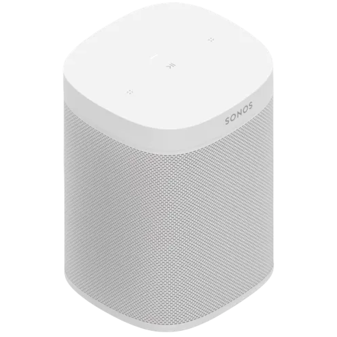 A white Sonos One smart speaker featuring touch controls and a modern design, known for its high-quality sound and integration with voice assistants.