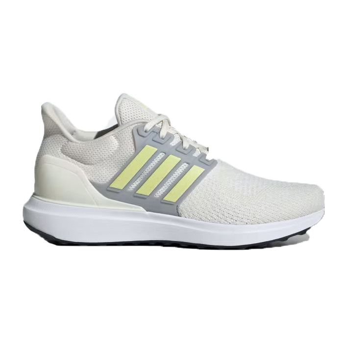 A light-colored athletic shoe with a knit upper and three parallel stripes on the side.