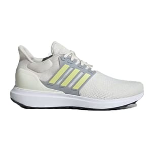 A light-colored athletic shoe with a knit upper and three parallel stripes on the side.