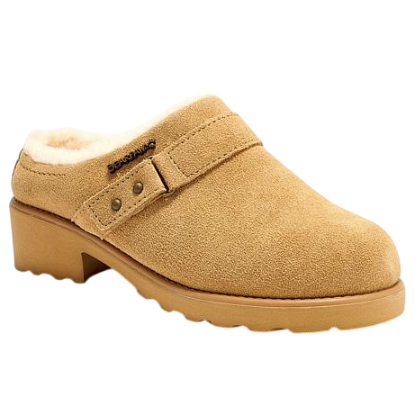Tan suede clog with faux shearling lining, a low chunky heel, and a strap detail secured by a small button.