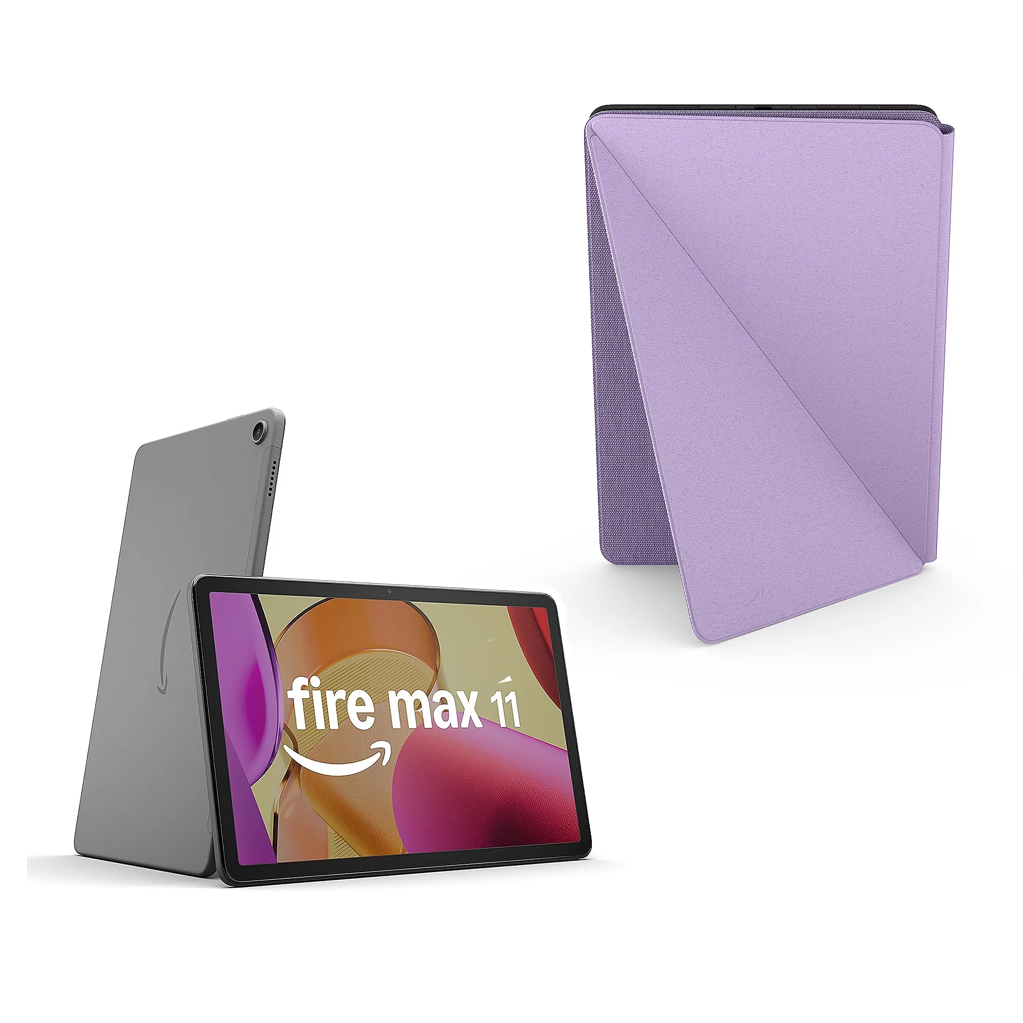 Fire Max 11 tablet with a purple cover accessory.
