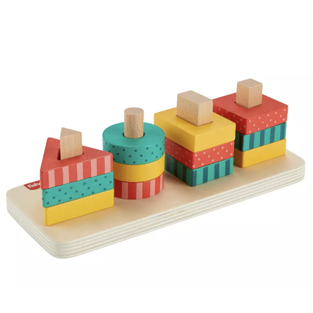 A children's wooden stacking toy with colorful geometric shapes: triangle, circle, and square. Each column features different patterns and colors designed to fit on pegs.