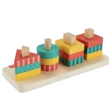 A children's wooden stacking toy with colorful geometric shapes: triangle, circle, and square. Each column features different patterns and colors designed to fit on pegs.