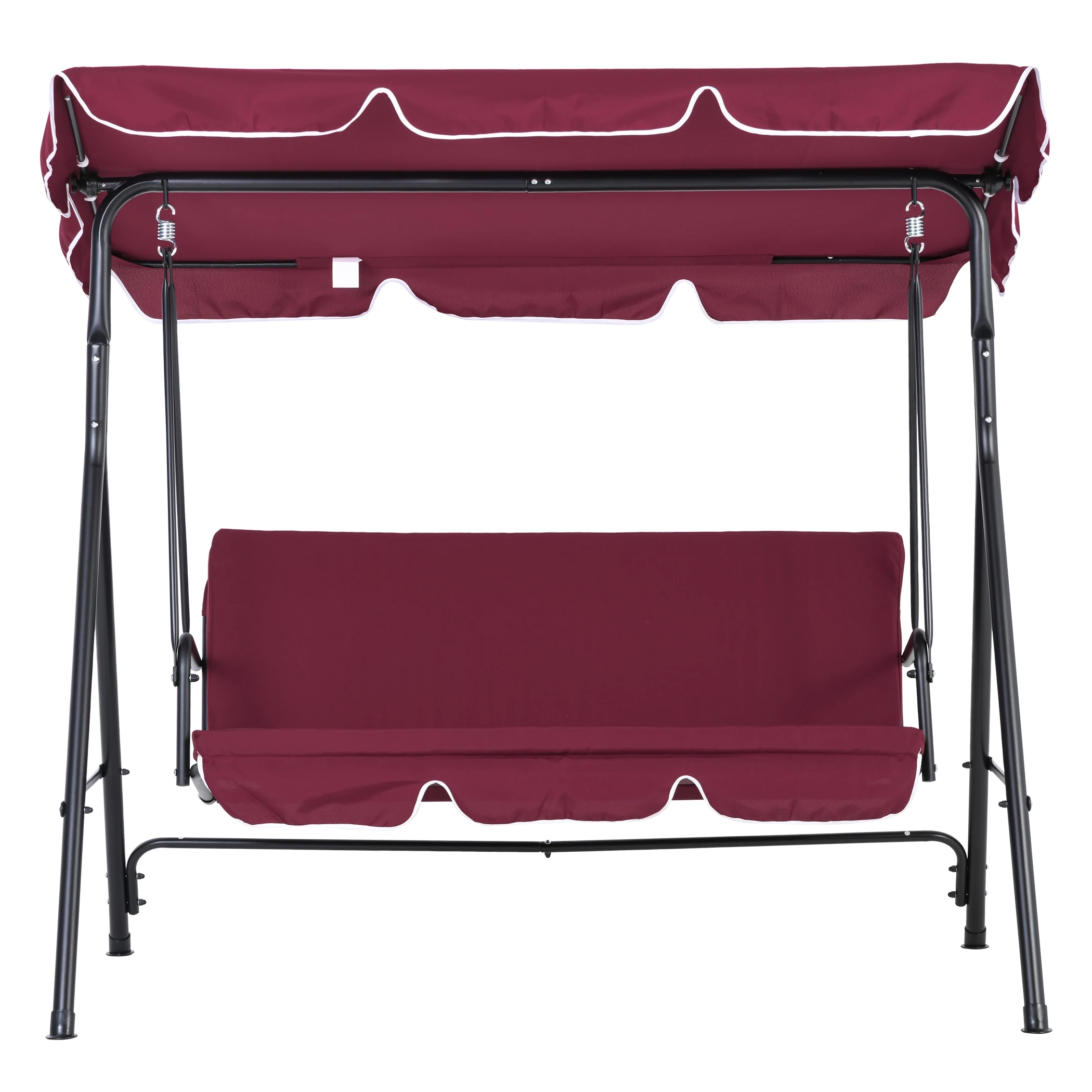 A burgundy 3-seater swing with a black metal frame, featuring a canopy with white trim for shade. The seat and canopy have a matching color, and the swing is supported by sturdy metal legs with a slightly curved base.