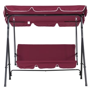 A burgundy 3-seater swing with a black metal frame, featuring a canopy with white trim for shade. The seat and canopy have a matching color, and the swing is supported by sturdy metal legs with a slightly curved base.