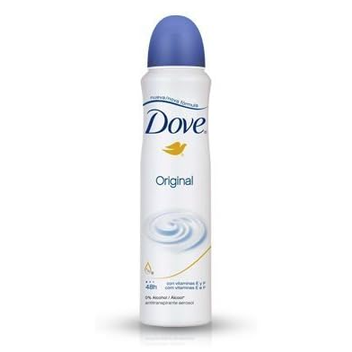 Dove Original antiperspirant deodorant spray with a blue cap, offering 48-hour protection and 0% alcohol.