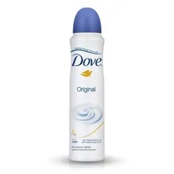 Dove Original antiperspirant deodorant spray with a blue cap, offering 48-hour protection and 0% alcohol.