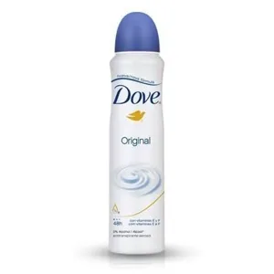 Dove Original antiperspirant deodorant spray with a blue cap, offering 48-hour protection and 0% alcohol.