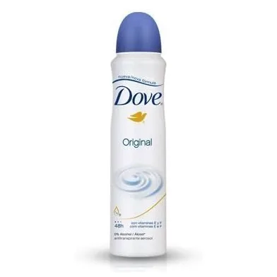 Dove Original antiperspirant deodorant spray with a blue cap, offering 48-hour protection and 0% alcohol.
