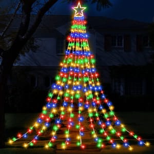 A 12-foot LED Christmas tree light display with multicolored stars and a star topper, designed for outdoor decoration. The lights form a conical shape, draping elegantly from the top down to the ground.