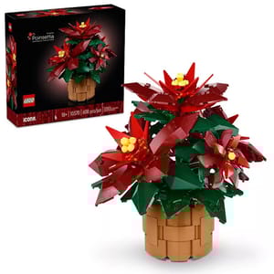 LEGO Icons Poinsettia set, featuring a model of red and green flowers in a brown pot. Ages 18+, 608 pieces.