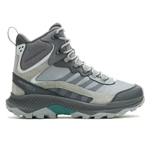 Merrell waterproof hiking boot in shades of gray, featuring a high-top design with mesh panels, suede accents, durable tread, and secure lacing system.