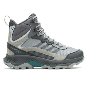 Merrell waterproof hiking boot in shades of gray, featuring a high-top design with mesh panels, suede accents, durable tread, and secure lacing system.